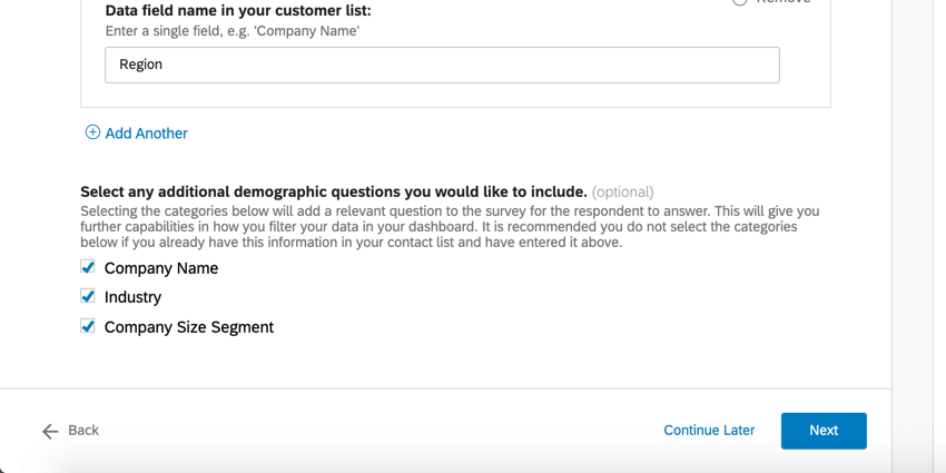 Multiple choice multiple answer questions with company name, industry, and company size segment selected