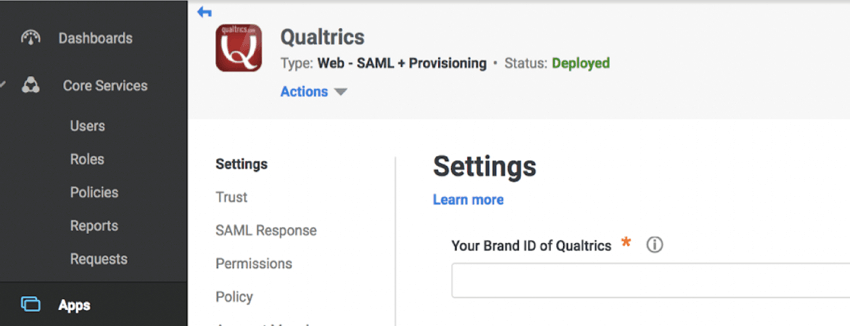 Info for Qualtrics entered into Centrify