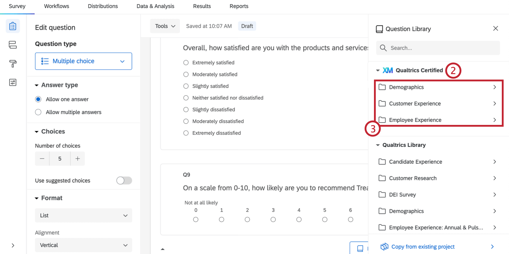 Image of menu opened to right of the survey builder with the Qualtrics certified dropdown expanded