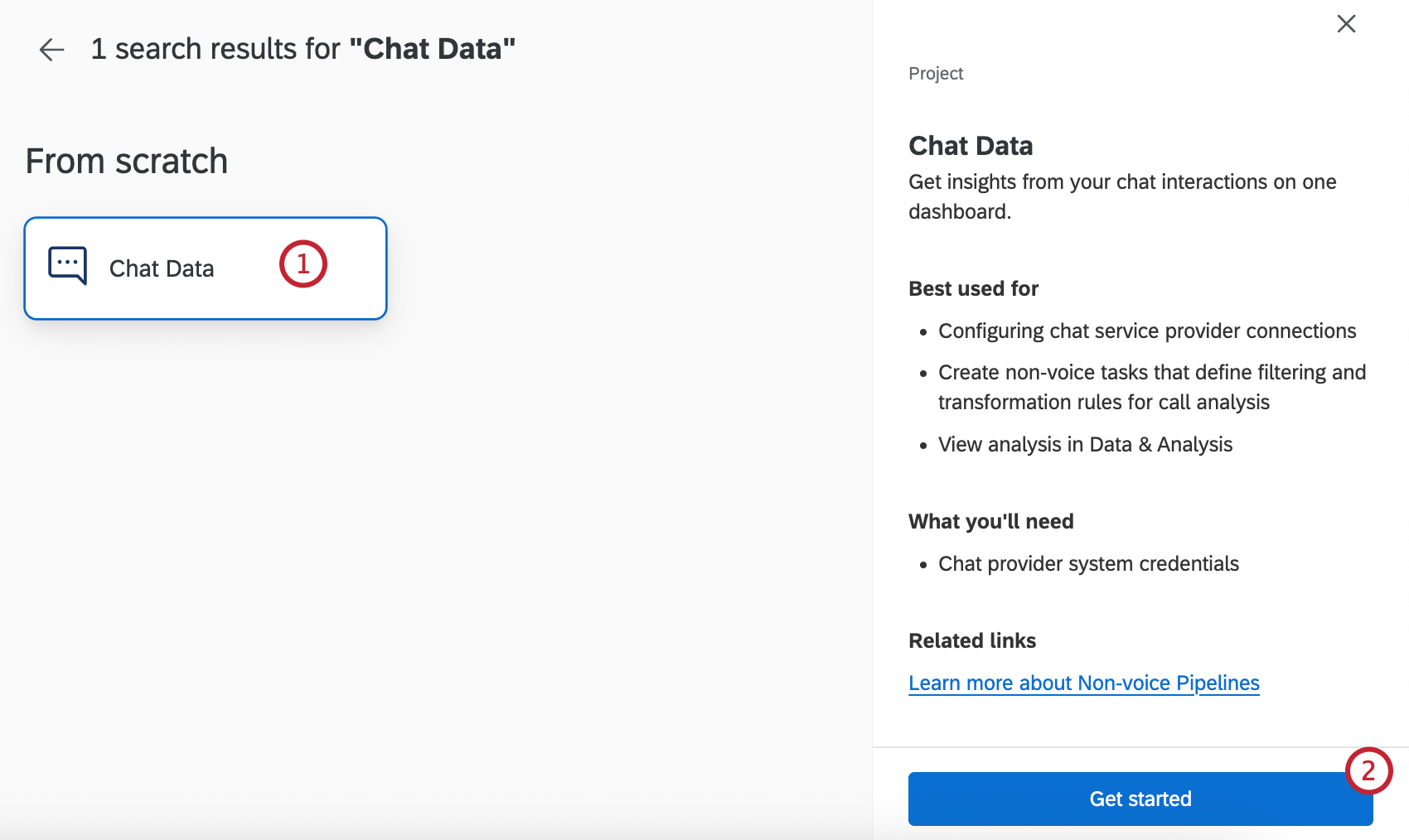 le type de projet de données de chat dans le catalogue