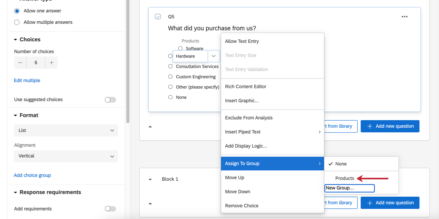 Opening the same series of menus to see Products is now listed as a group, above the field where you can add a new group