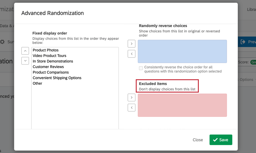 la sezione degli elementi esclusi della randomizzazione avanzata