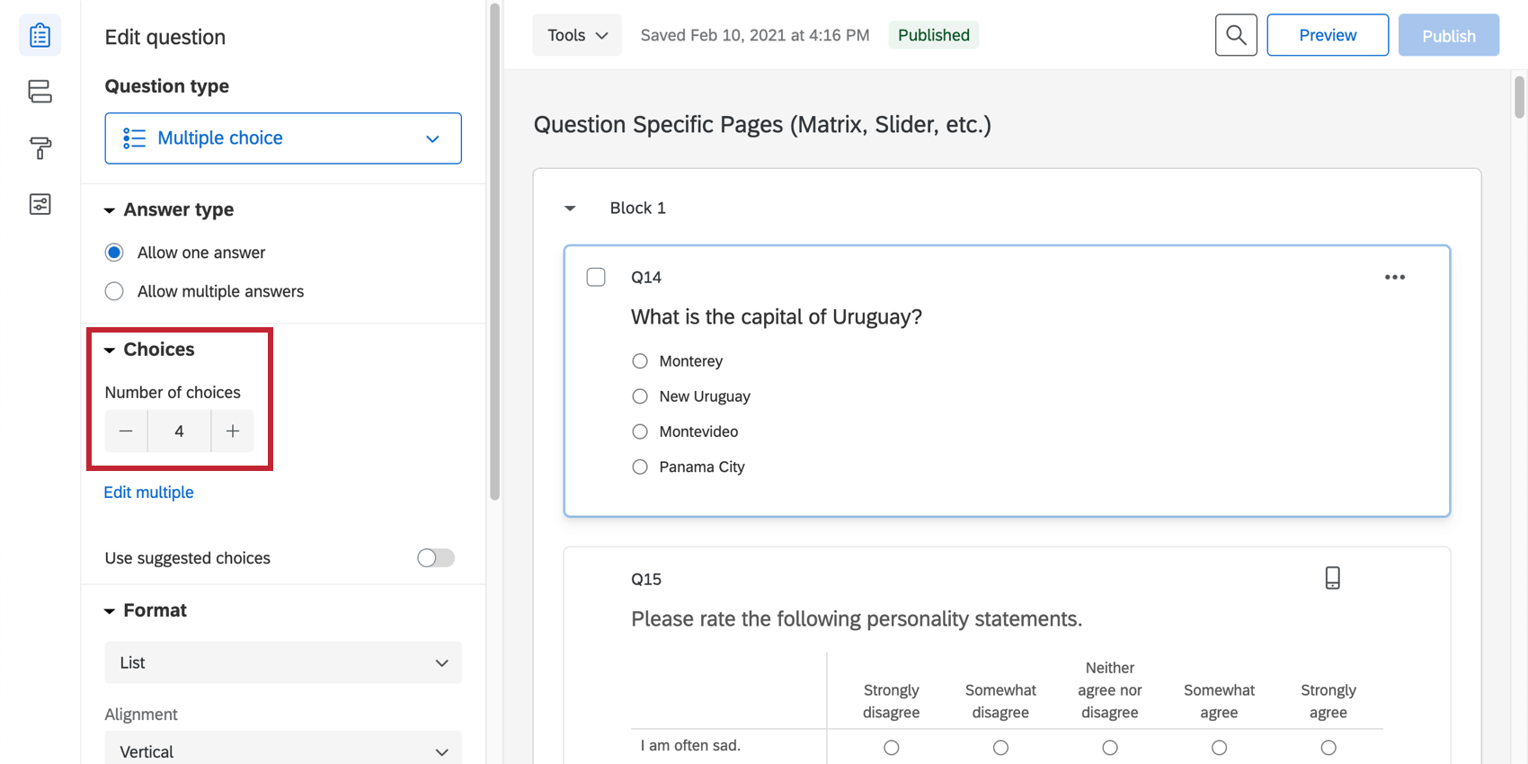 Choices field in the question editing pane is set to 4