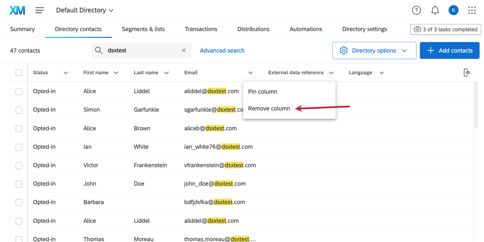 Remove column option under the arrow