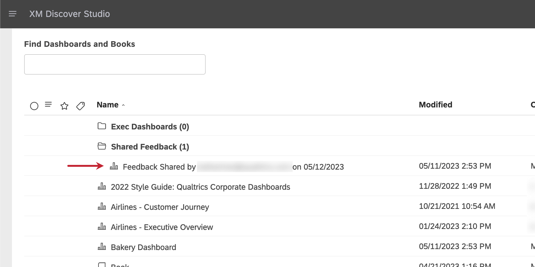 Dashboard auf der Startseite mit dem Namen Feedback geteilt von Name am Datum