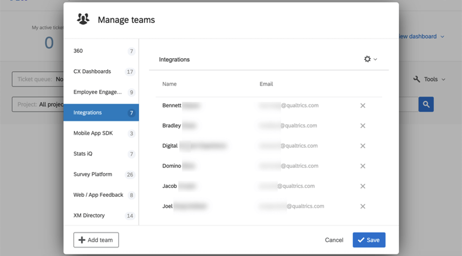 Editing ticketing teams on a menu in the follow up page