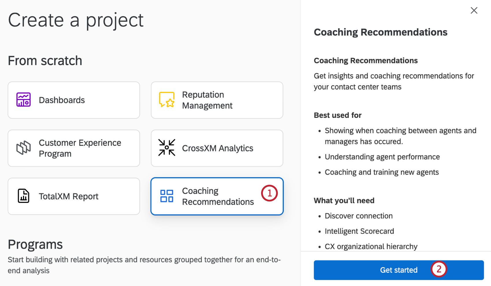 coaching recommendations project selected in the catalog