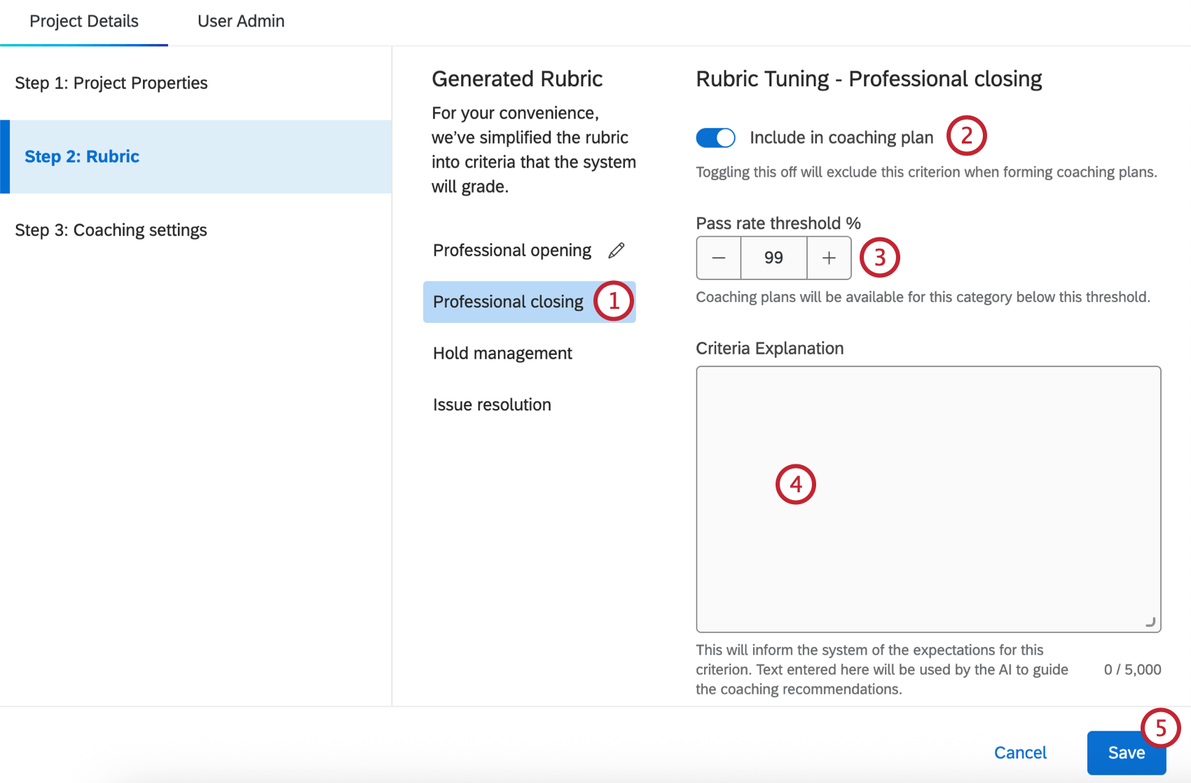 hinzufügen von Rubriken-Kriterien zum Projekt "Coaching-Empfehlungen