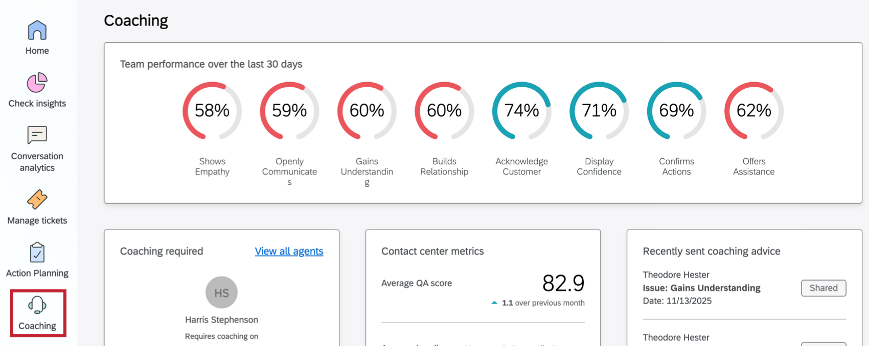 landing page of the "Coaching" tab within the customer care app