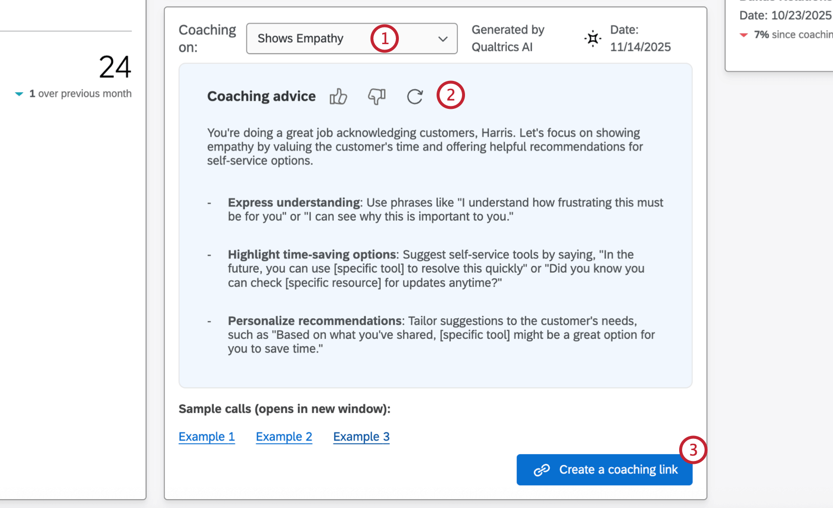 view of a coaching plan generated for an agent