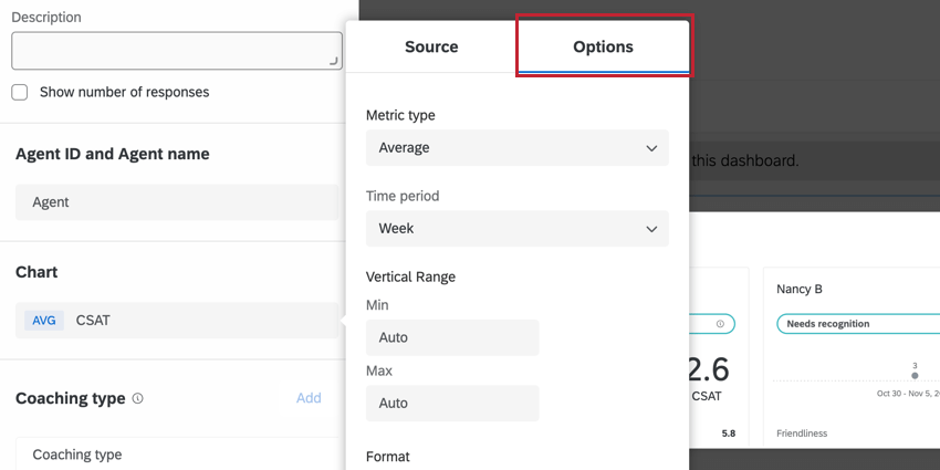 the options tab for the chart source