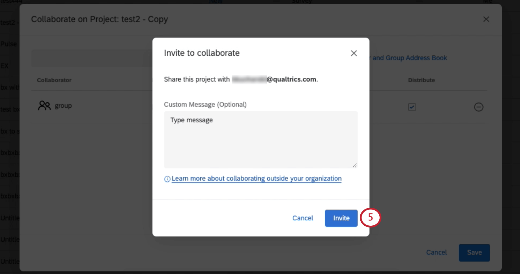 Email invitation page with optional Custom Message text box and invite button