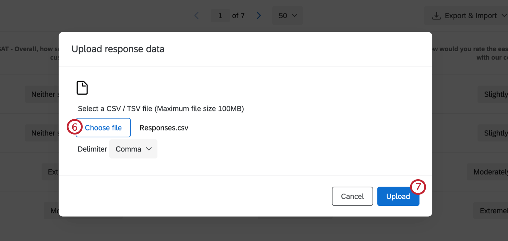 Upload Response Data showing Browse button and a CSV already selected