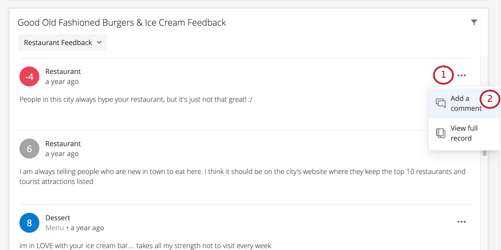 Picture of dropdown expanded next to a response on the ticker widget; open for add a comment is highlighted