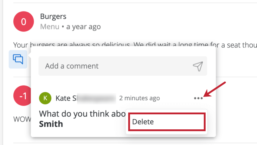 Picture of a comment expanded, three dots dropdown expands to show a delete button