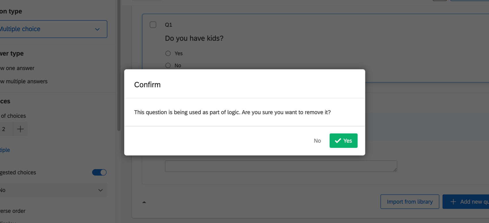 Warnung vor dem Löschen der in der Logik verwendeten Frage