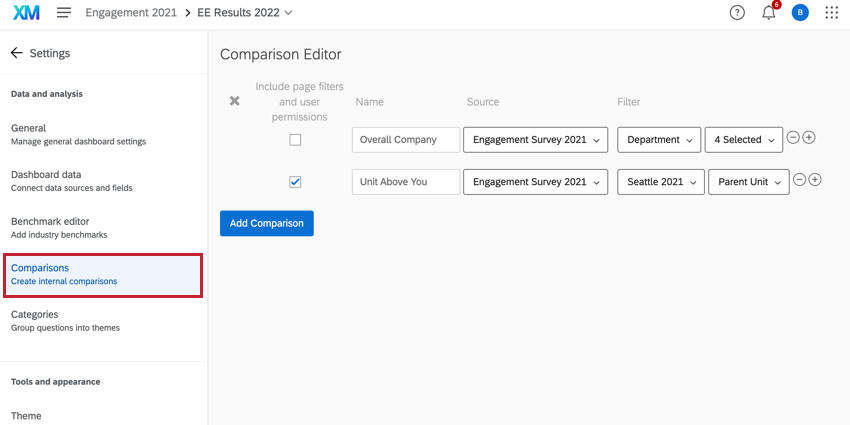 a seção de comparações das configurações dashboard