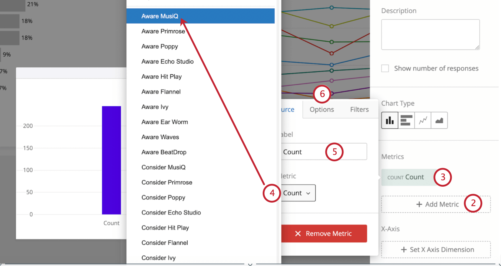 Doppelklicken Sie auf Widget, um den Widget anzuzeigen. Wenn Sie Anzahl auswählen, wird das Menü aufgeklappt angezeigt, das nach links geöffnet wird. Dieses verfügt über ein Feld zum Auswählen der Metrik und zum Ändern des Bezeichners. Oben in diesem Menü befinden sich dann Optionen.