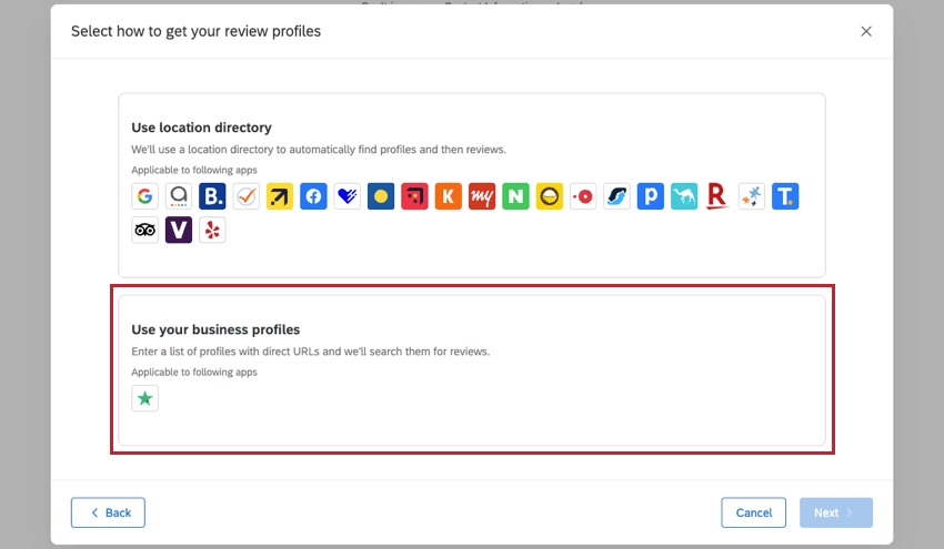 image of a window with the options to choose from use location directory or use your business profiles
