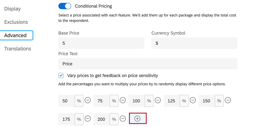 the plus sign for adding additional multipliers to your varied prices