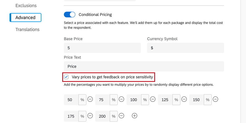 die unterschiedlichen Preise, um Feedback zur Preissensitivitätsoption in der bedingten Preisfindung zu erhalten