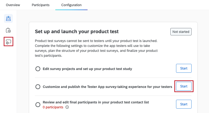 schaltflächen, über die Sie auf die Konfiguration der Tester-App zugreifen können