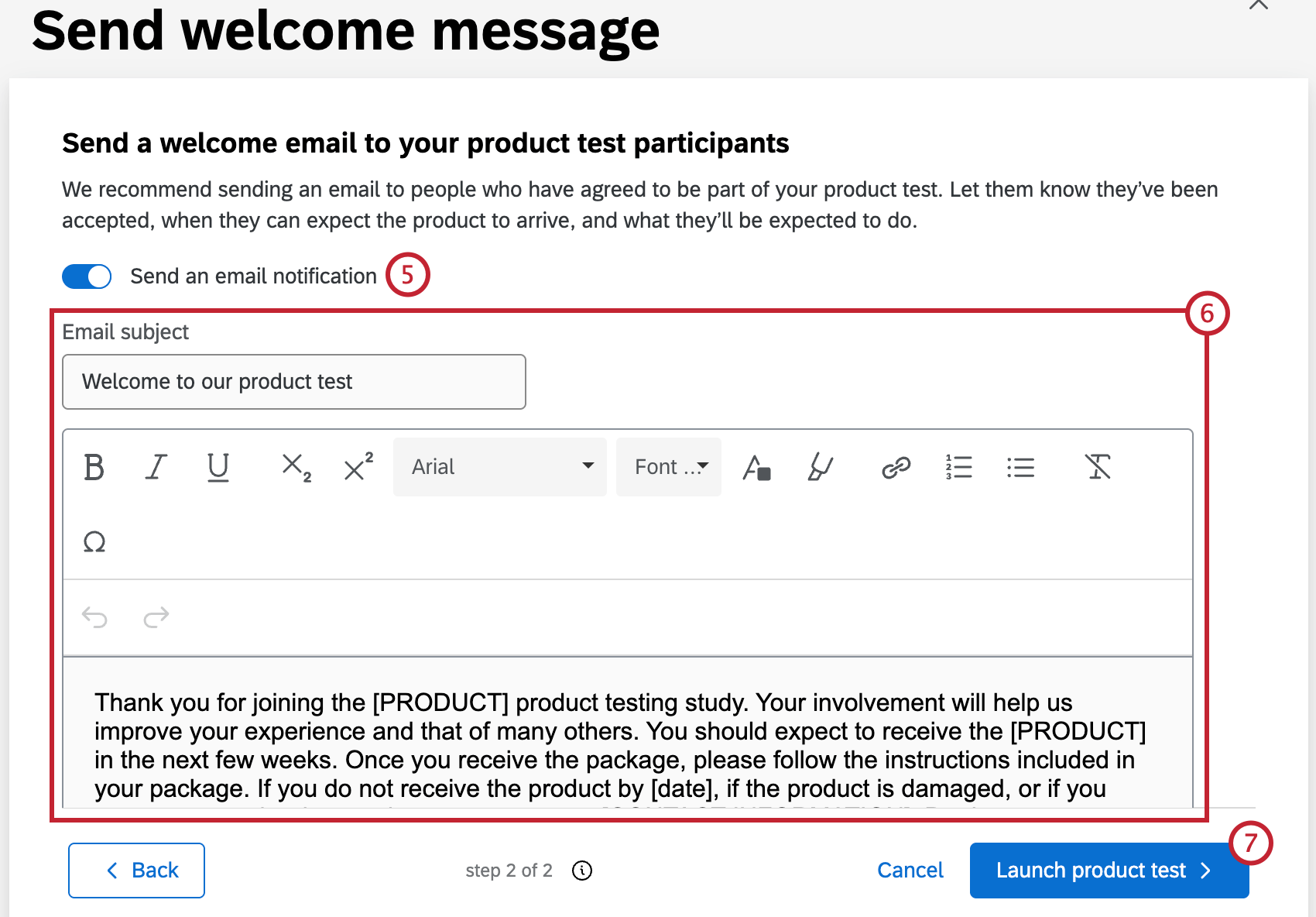 fenster zum Verfassen einer Willkommens-E-Mail für Teilnehmer:in des Produkttests