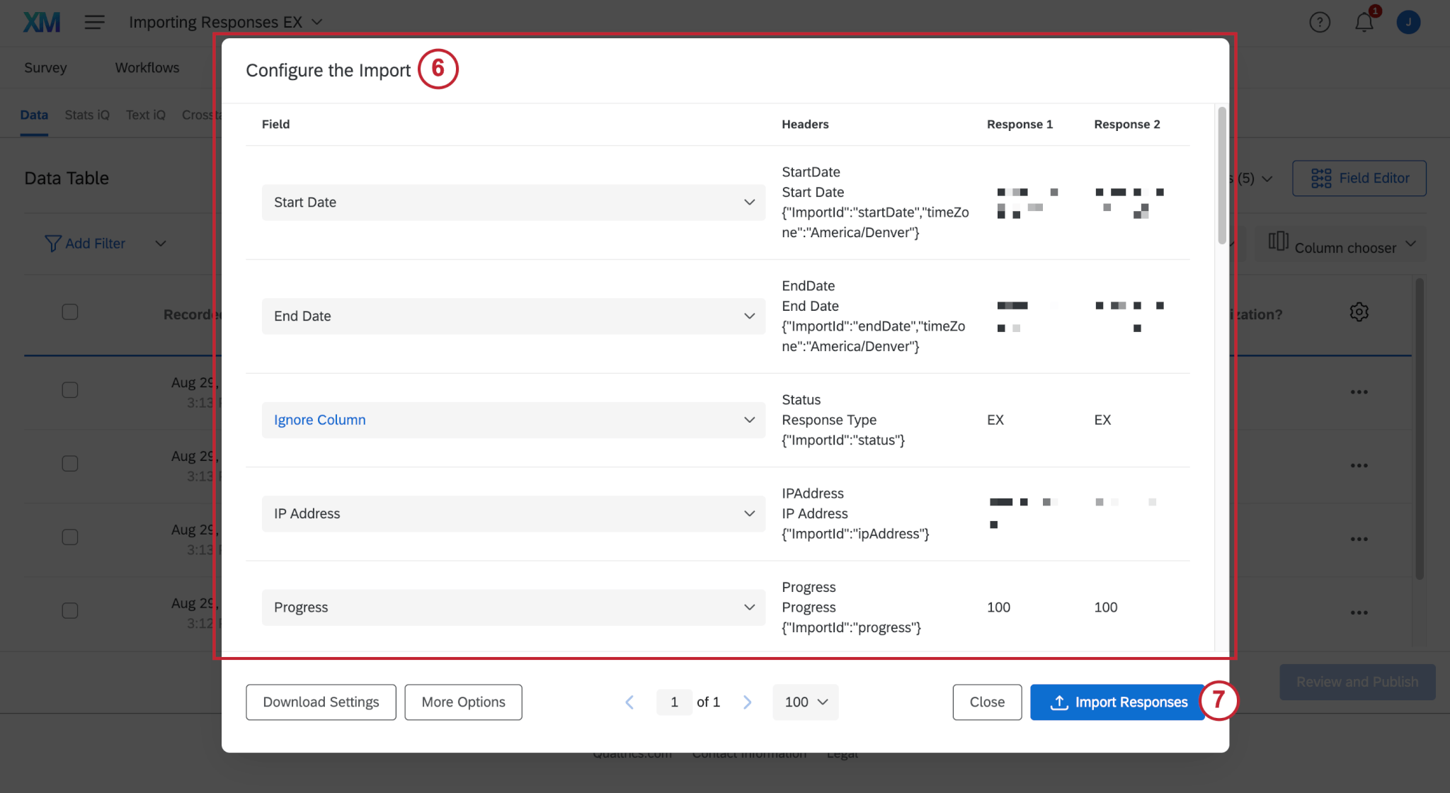 Configurar el menú Importar, con botón para Importar Respuestas