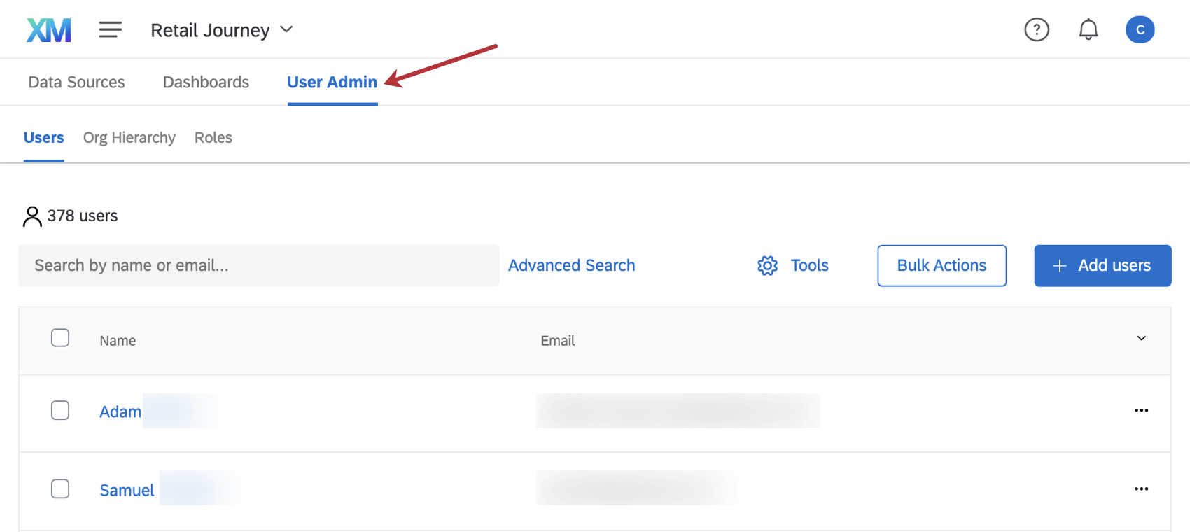 User Admin tab of dashboard project