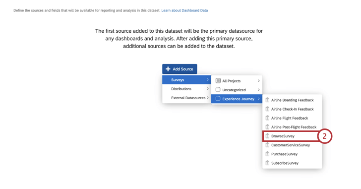 Aggiungi origine nelle impostazioni dei dati di Dashboard; BrowseSurvey è selezionato come origine