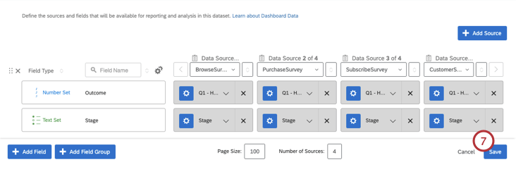Salvataggio delle impostazioni dei dati del dashboard