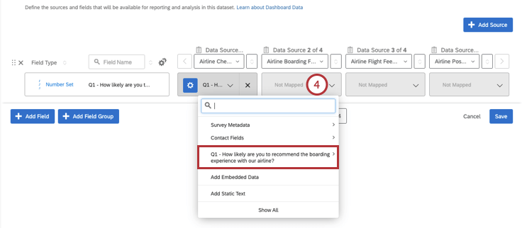 Nicht zugeordnet wird angeklickt, sodass die Dropdown-Liste geöffnet wird; die Metrik-/Ergebnisfrage wird ausgewählt
