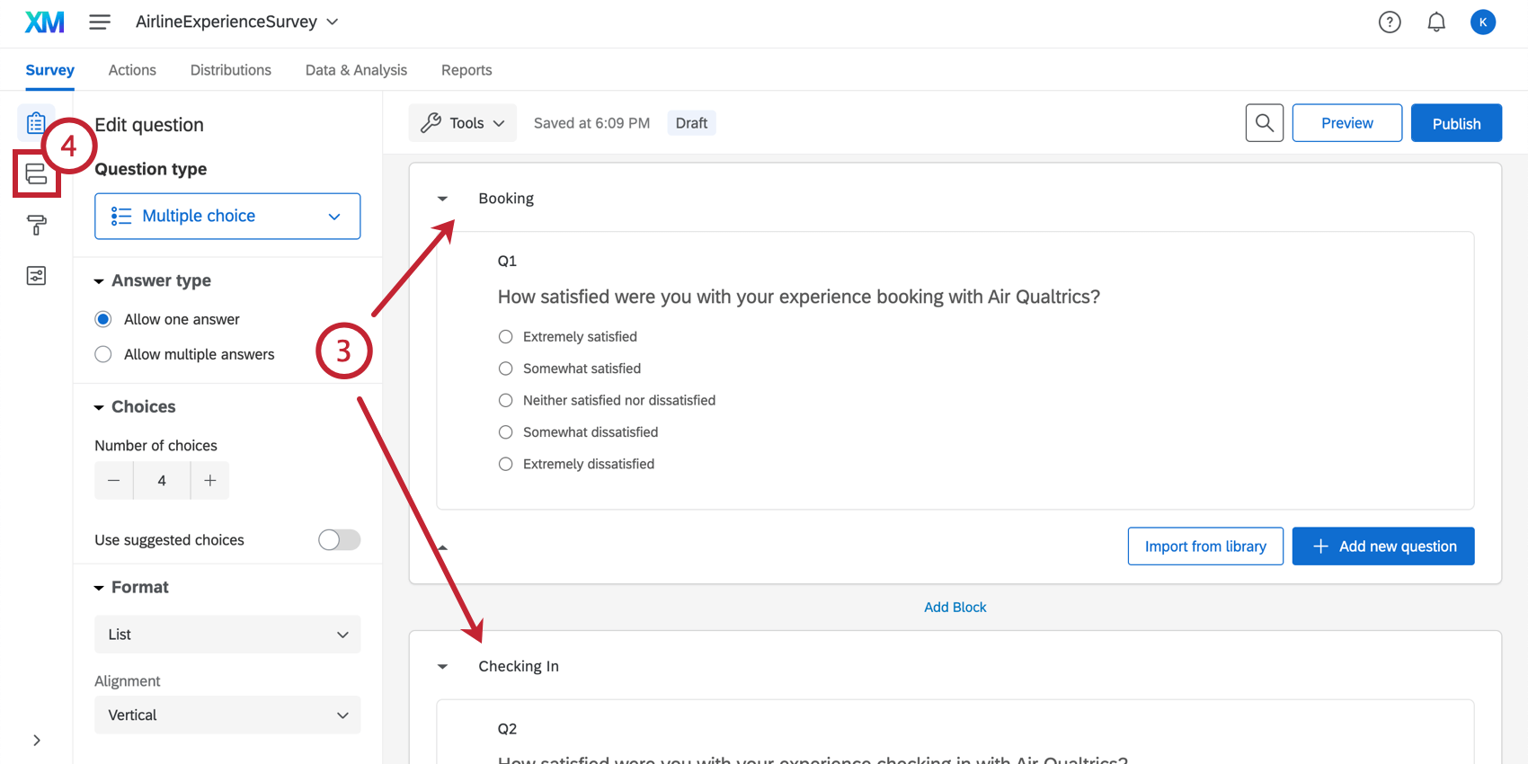 Creating blocks for different stages in the survey editor; navigating to the survey flow