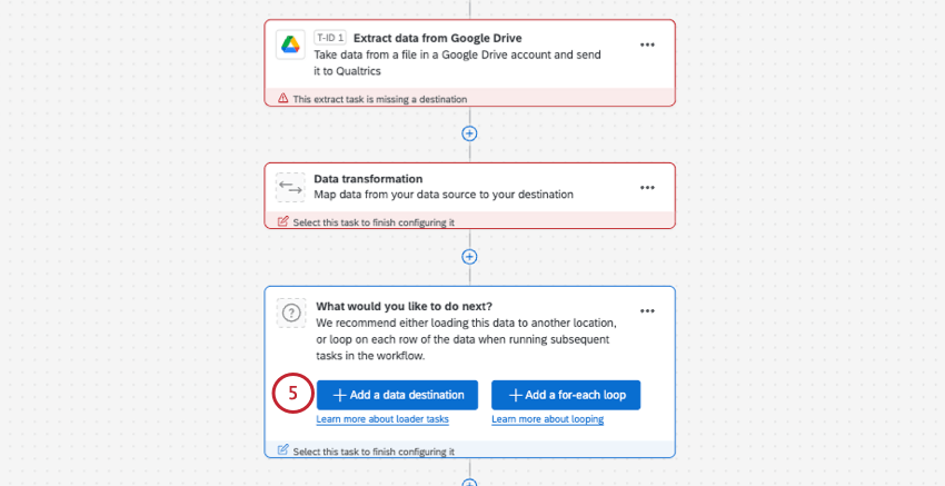 Add a data destination button highlighted in workflow editor