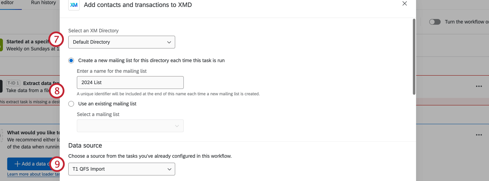 new window where you configure the task