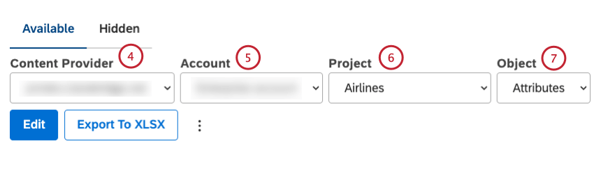 Wählen Sie den Content-Provider, Benutzerkonto und das Projekt aus. Wählen Sie im Menü Objekt die Option Attribute oder Modelle aus.