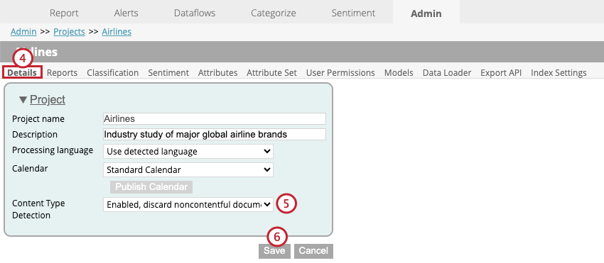 Registerkarte „Details“ mit Projektkonfigurationsoptionen