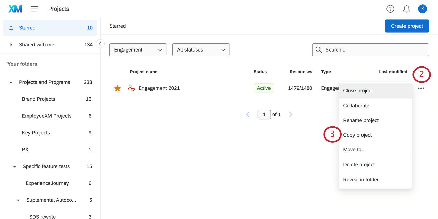 Copy project option in dropdown next to a project
