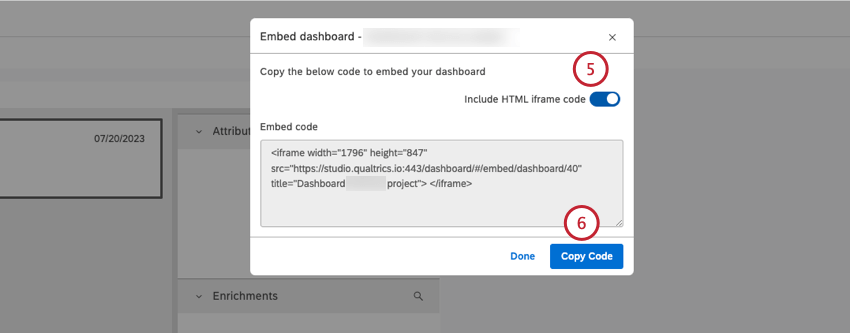 A opção Incluir código de iframe HTML é ativada por padrão. Escolha essa opção se quiser incorporar seu dashboard do Studio usando um iframe HTML. Desative a opção Incluir código de iframe HTML se quiser copiar um link e incorporá-lo usando uma opção de incorporação em um aplicativo de terceiros.