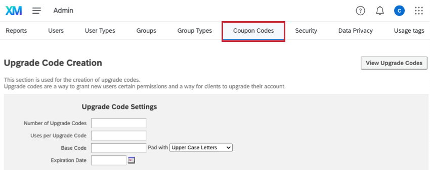 Registerkarte Coupon-Codes auf der Admin-Seite