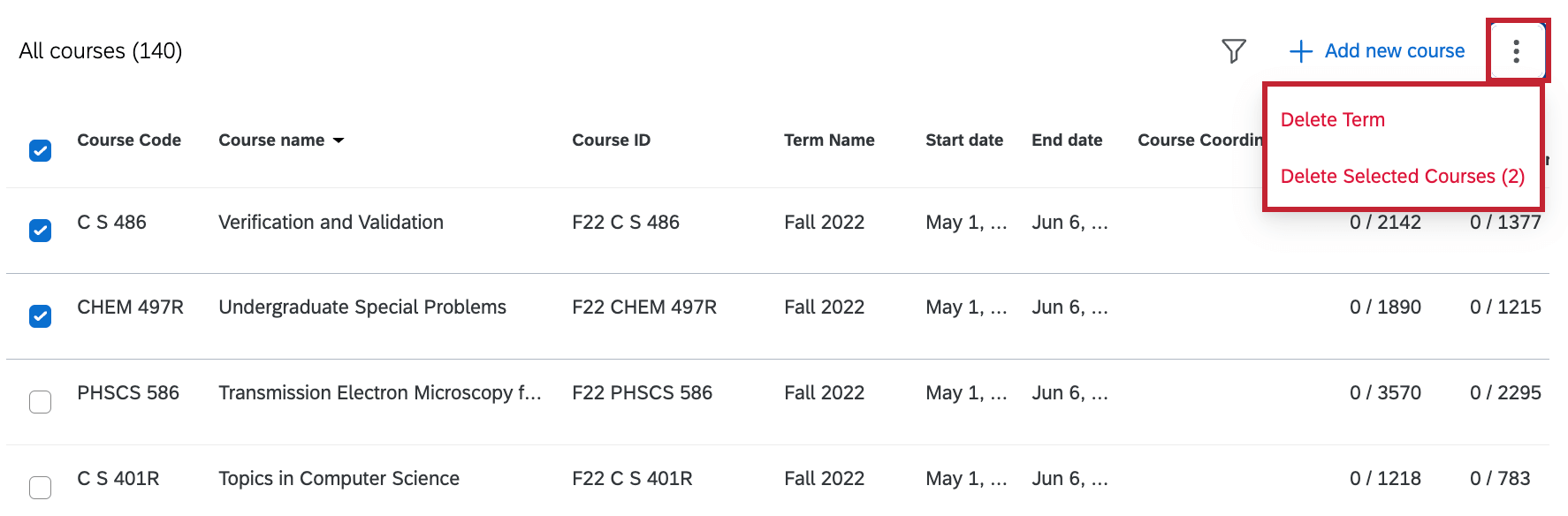3 dot menu highlighted within the course tab, and buttons to delete courses highlighted
