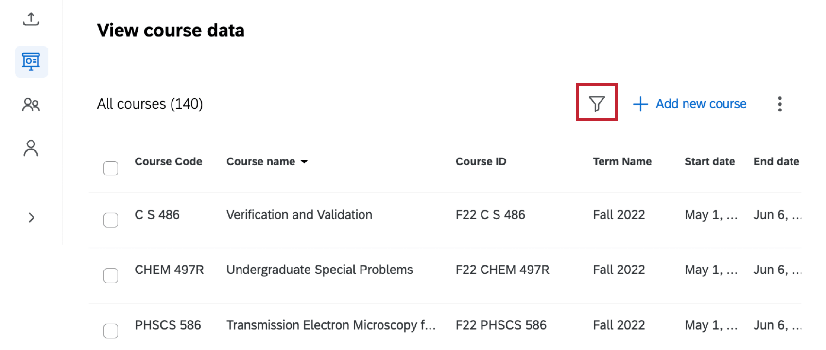 filter icon highlighted within the course table