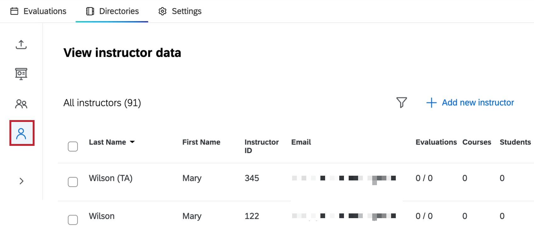 instructors icon highlighted at the left of the screen within the directories tab