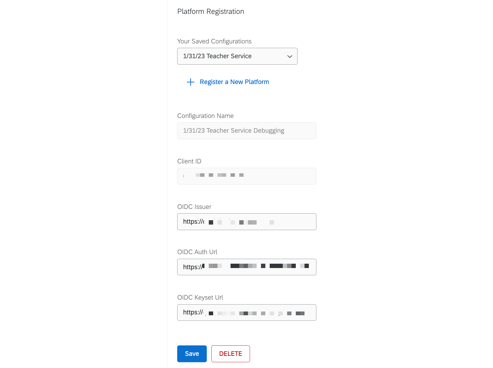 platform registration within the LTI 1.3 section of settings