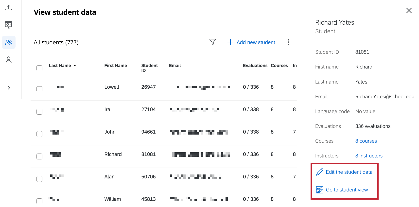 buttons highlighted to edit a student or go to the student view highlighted within the student information window at the right of the student table