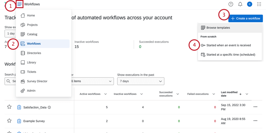 auf der Seite „Globale Workflows“ auf „Workflow erstellen“ klicken und von einem Ereignis gestartet werden