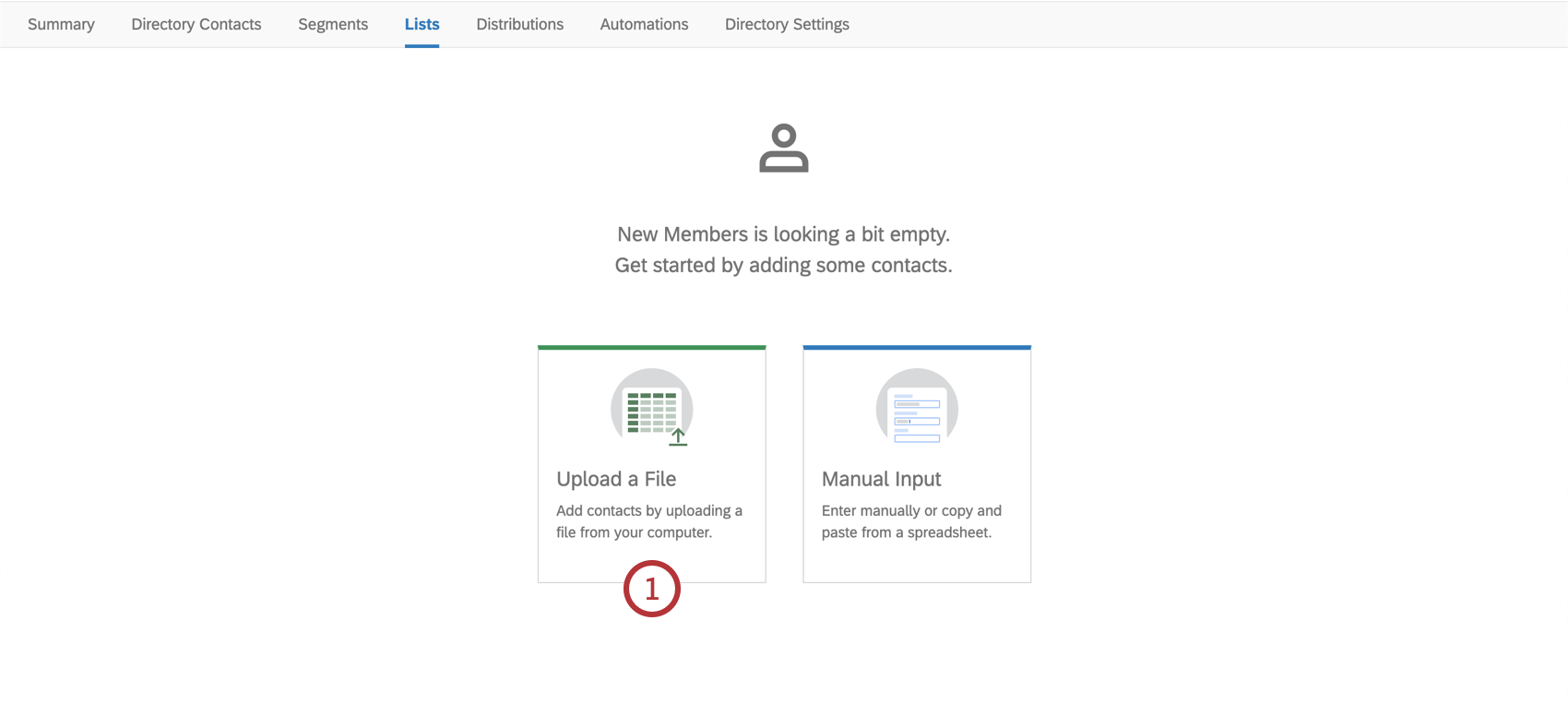Upload a file button in the center of the page