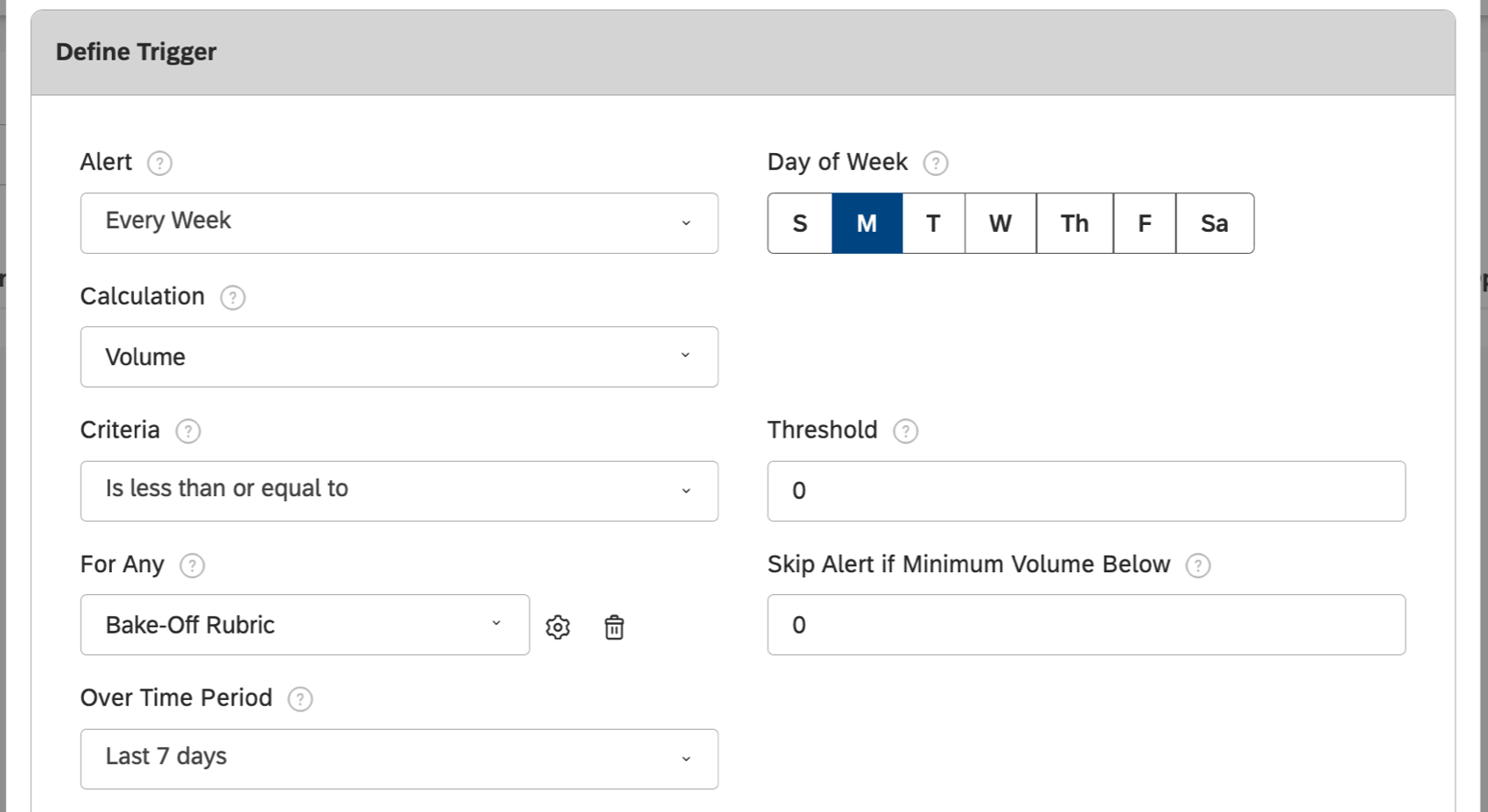 la condizione di questo trigger dice che ogni settimana, il lunedì, il volume è inferiore o uguale a 0 per una rubrica scelta per 7 giorni
