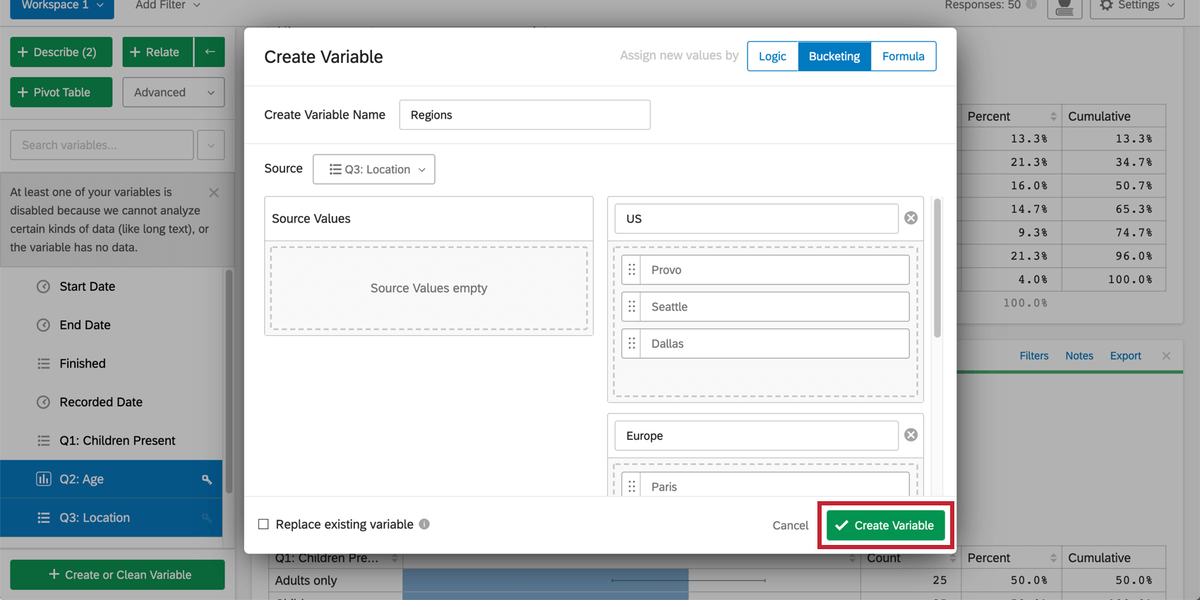 Botón Crear variable en verde en la parte inferior derecha