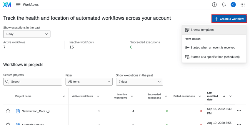 Klicken Sie auf der Seite „Workflow“ auf die Schaltfläche „Workflow erstellen“.